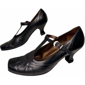 Naturalizer Black Leather T Strap Heels Womens 7.5N Narrow Comfort Career Pumps